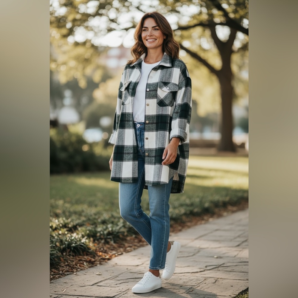 Simplee Sweet green and white plaid flannel button up - Picture 2 of 5